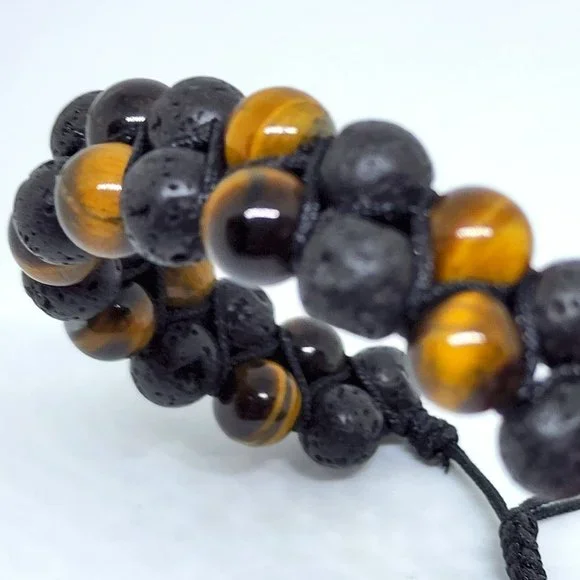 Natural Tiger Eye Black Lava Stone Double Strand Adjustable Lariat Bracelet